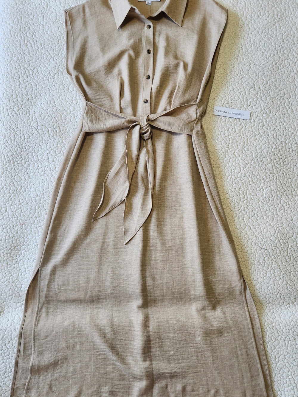 Emma & Michele Sleeveless Tie-Waist Shirt Dress in Light Beige